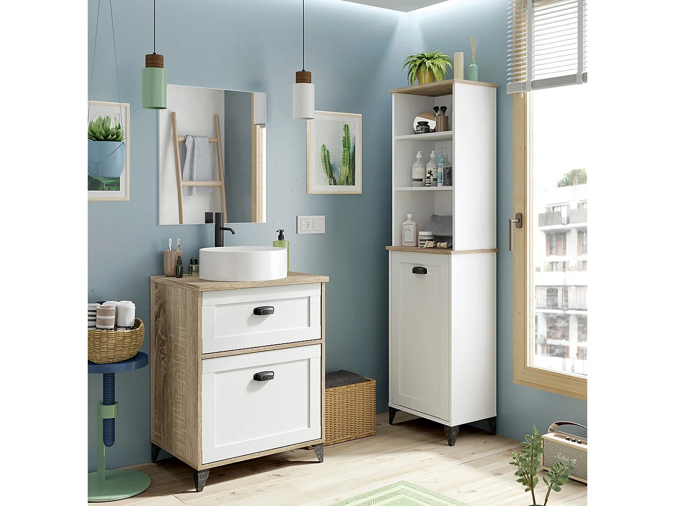 Meuble vasque de salle de bain sur pieds avec Lavabo 1 tiroir et 1 porte  coloris Chêne cambrian/Blanc - Longueur 61 x Hauteur 91 x Profondeur 47 cm