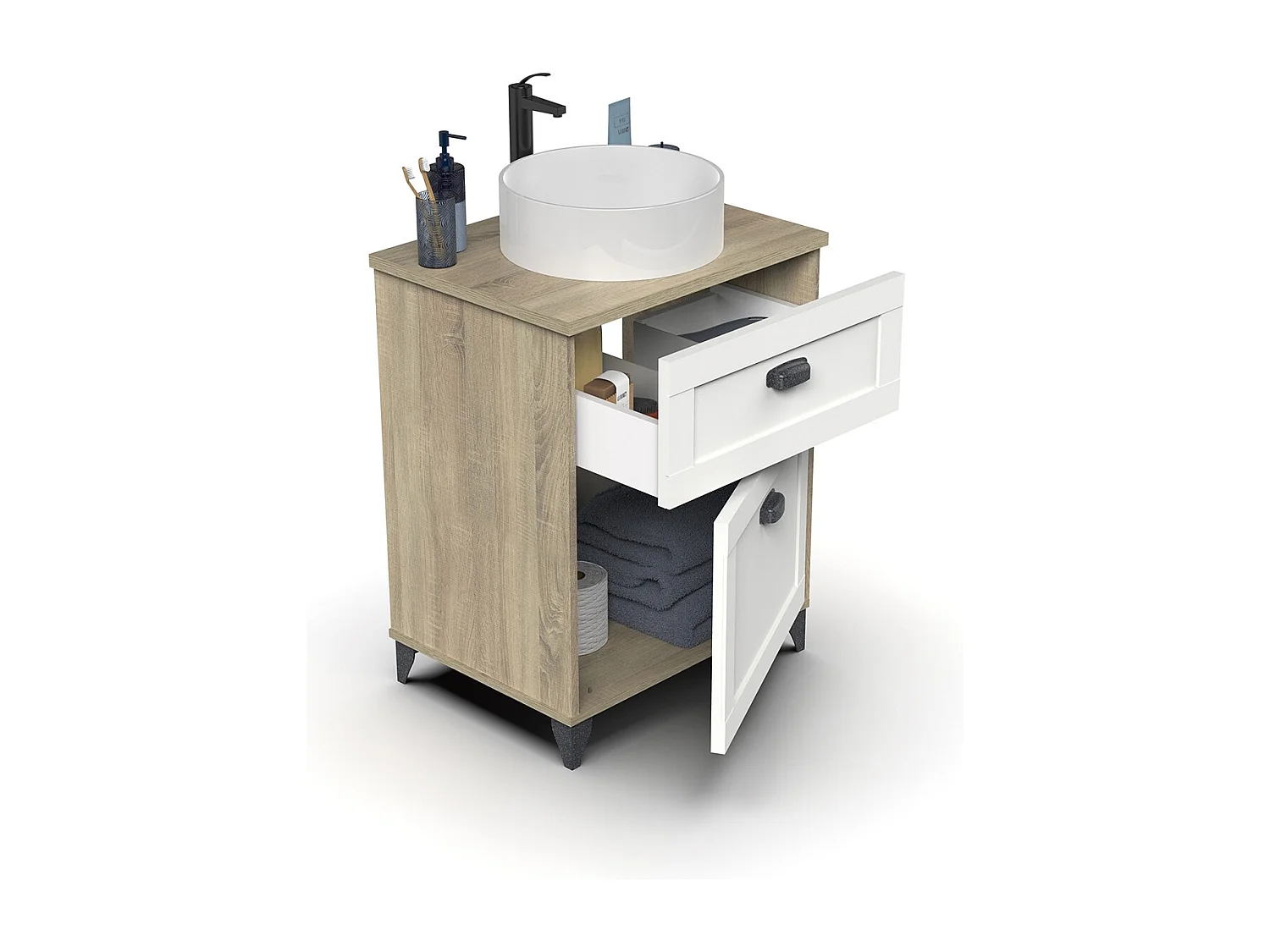 Meuble vasque de salle de bain sur pieds avec Lavabo 1 tiroir et 1 porte  coloris Chêne cambrian/Blanc - Longueur 61 x Hauteur 91 x Profondeur 47 cm