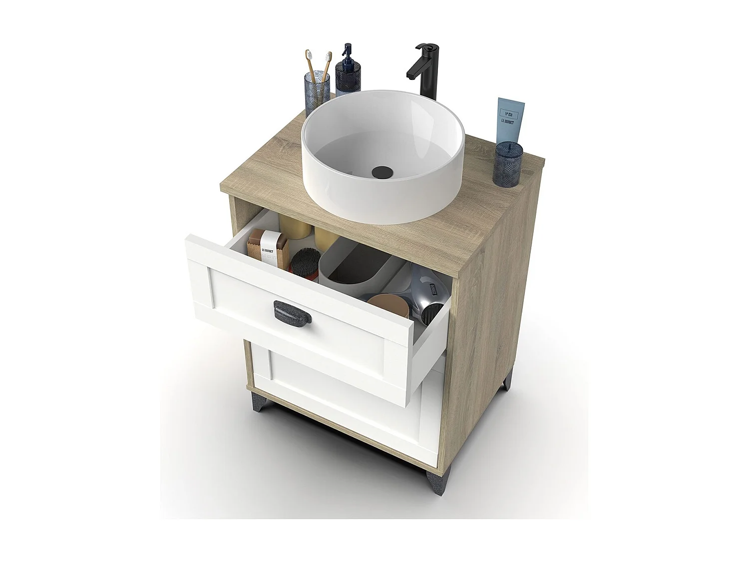 Meuble vasque de salle de bain sur pieds avec Lavabo 1 tiroir et 1 porte  coloris Chêne cambrian/Blanc - Longueur 61 x Hauteur 91 x Profondeur 47 cm