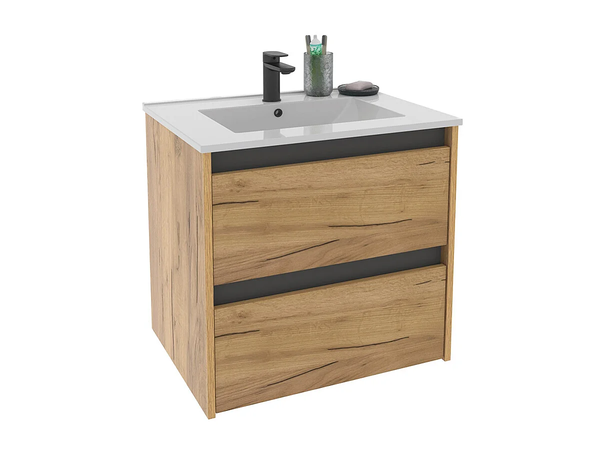 Meuble sous-vasque suspendu à 2 tiroirs (sans lavabo) coloris Chêne - Longueur 60 x Hauteur 59,5 x Profondeur 45,5 cm