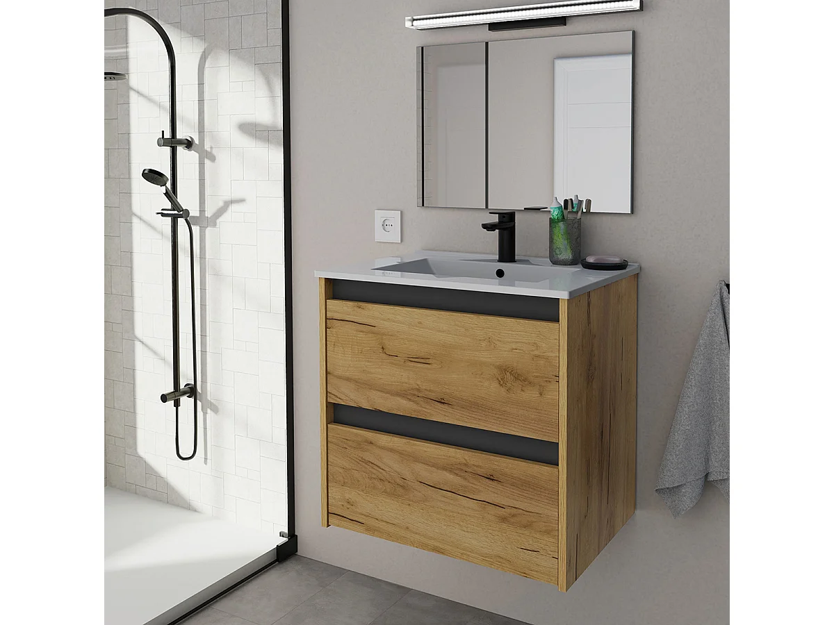 Meuble sous-vasque suspendu à 2 tiroirs (sans lavabo) coloris Chêne - Longueur 60 x Hauteur 59,5 x Profondeur 45,5 cm