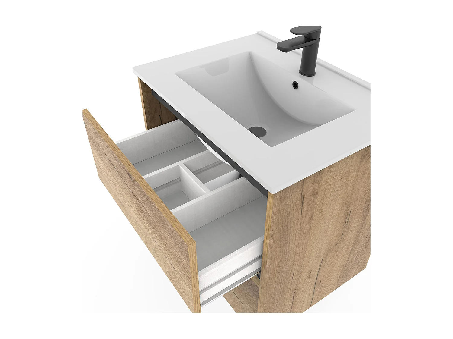 Meuble sous-vasque suspendu à 2 tiroirs (sans lavabo) coloris Chêne - Longueur 60 x Hauteur 59,5 x Profondeur 45,5 cm