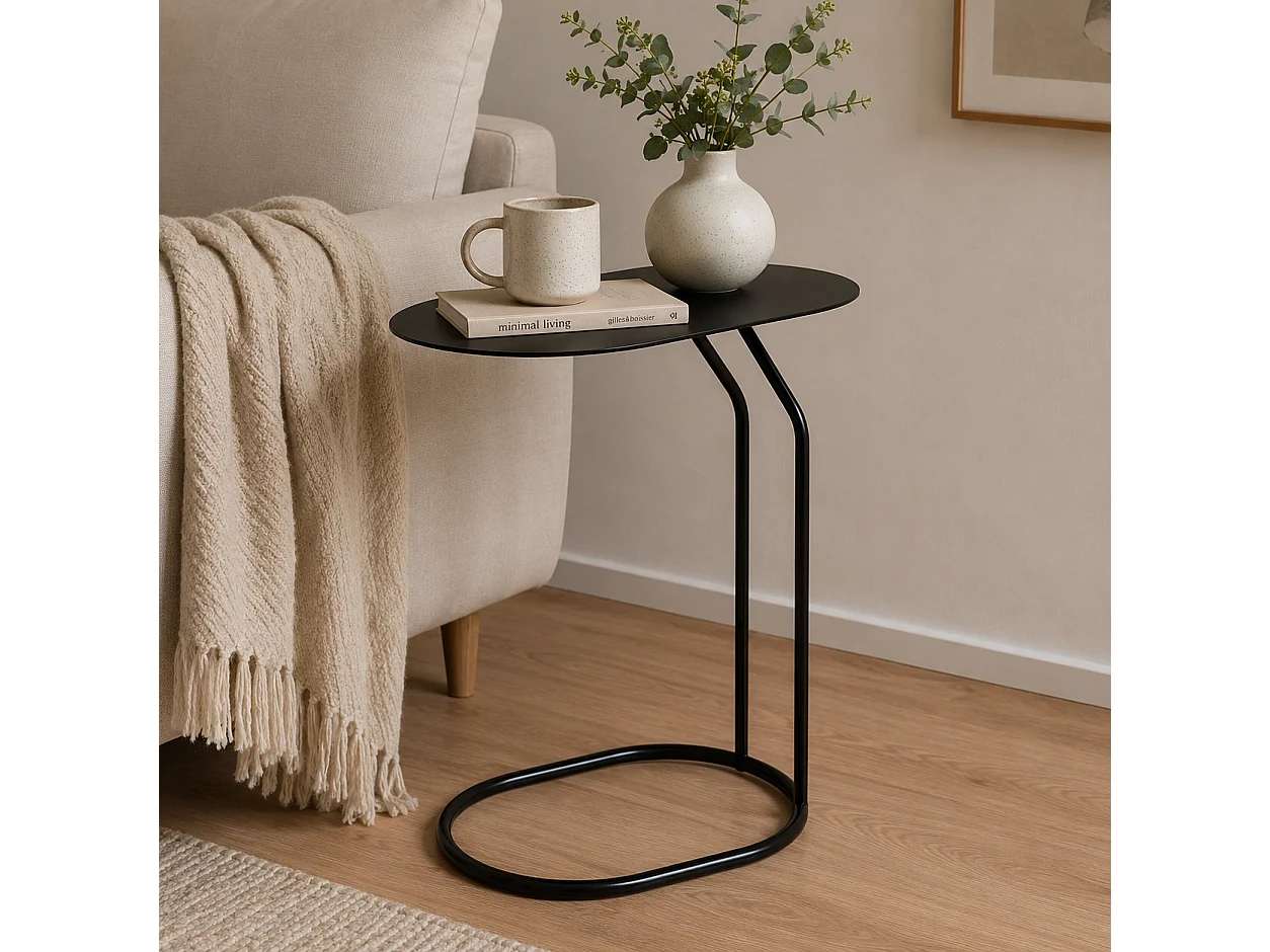 Table d'Appoint en Métal avec Plateau Ovale et Structure en C,Bout de Canapé pour Ordinateur,coloris noir-Longueur 45 x Profondeur 28 x Hauteur 49 cm   Juanio