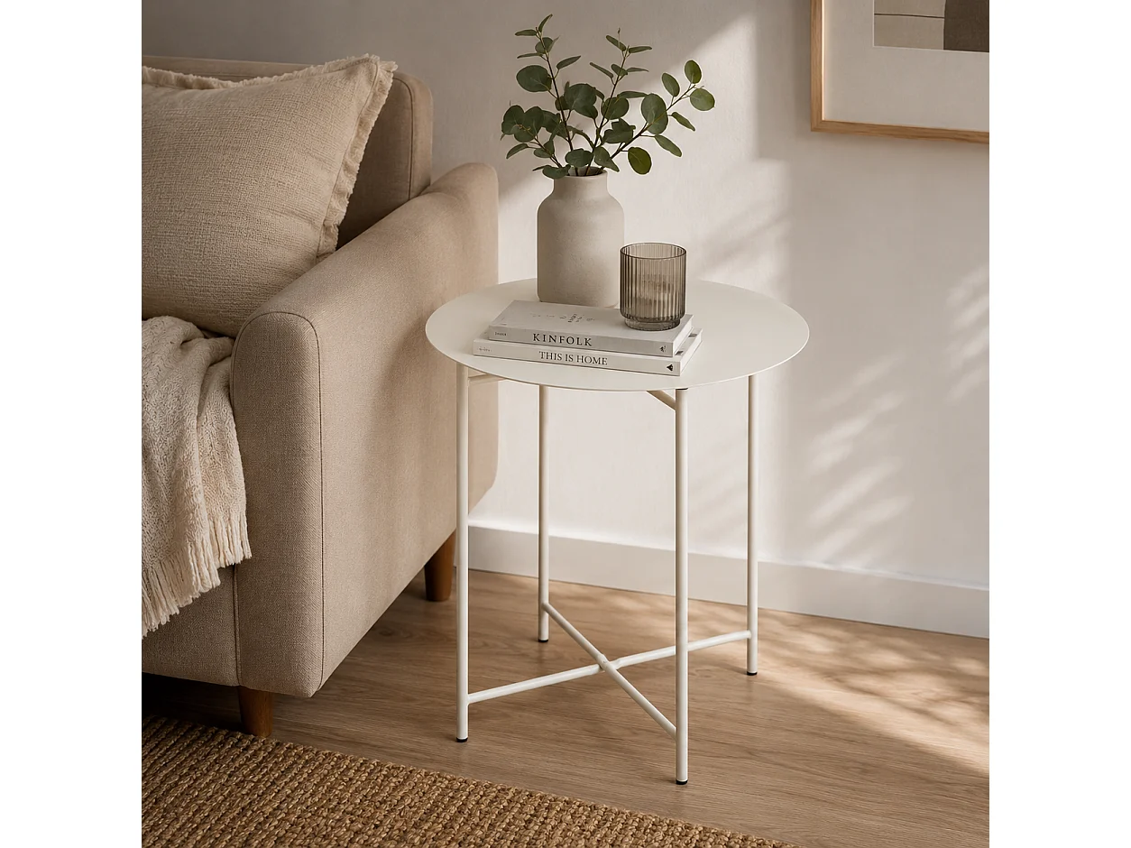 Table d'Appoint Ronde en Métal, Bout de Canapé Robuste pour Intérieur et Extérieur, coloris beige - Longueur 40 x Profondeur 40 x Hauteur 45 cm   Juanio