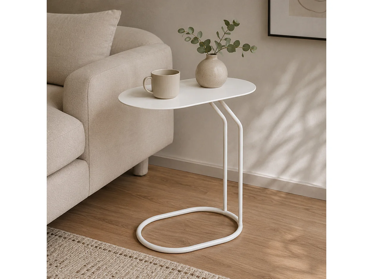 Table d'Appoint en Métal avec Plateau Ovale et Structure en C,Bout de Canapé pour Ordinateur,coloris beige-Longueur 45 x Profondeur 28 x Hauteur 49 cm   Juanio