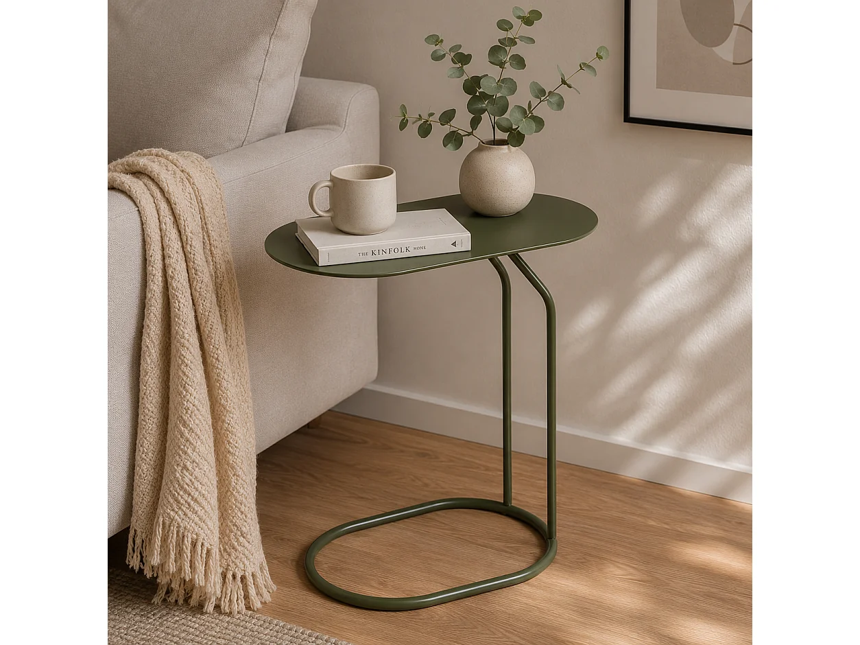 Table d'Appoint en Métal avec Plateau Ovale et Structure en C,Bout de Canapé pour Ordinateur,coloris vert olive-Longueur 45 x Profondeur 28 x Hauteur 49 cm Juanio