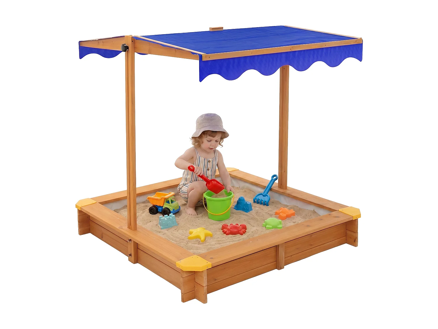 Bac à sable en bois de sapin massif 118x118 cm toit avec protection UV50 aire de jeux extérieur pour enfants avec bâche de sol et protection des bords