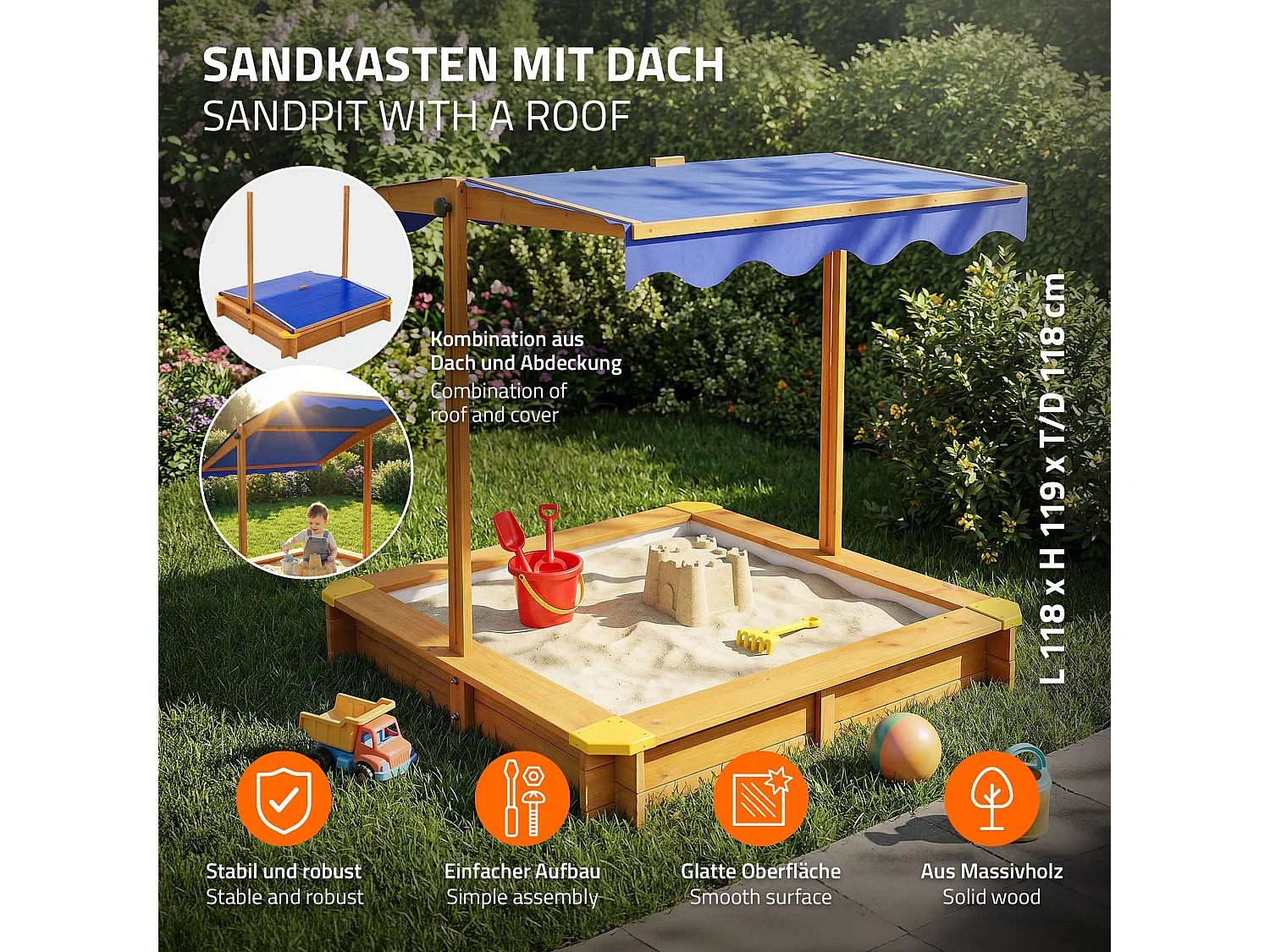 Bac à sable en bois de sapin massif 118x118 cm toit avec protection UV50 aire de jeux extérieur pour enfants avec bâche de sol et protection des bords