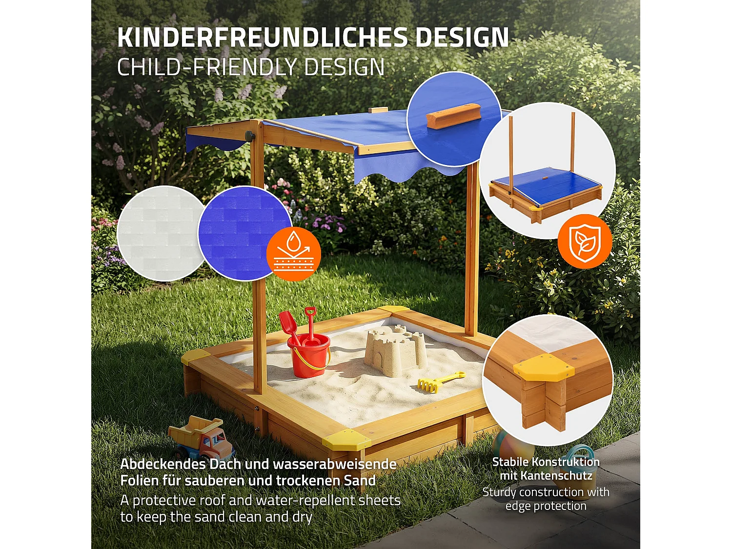 Bac à sable en bois de sapin massif 118x118 cm toit avec protection UV50 aire de jeux extérieur pour enfants avec bâche de sol et protection des bords