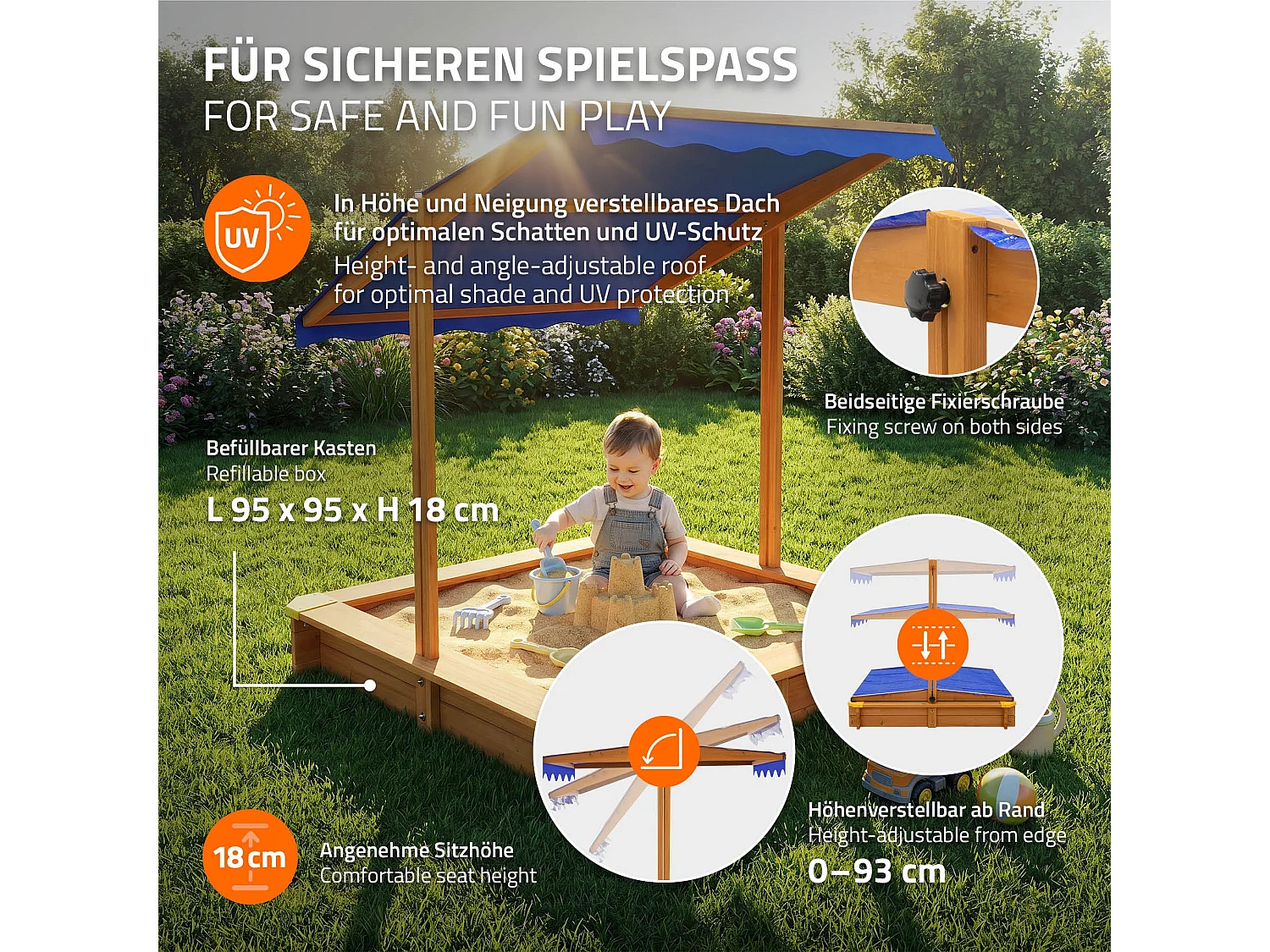 Bac à sable en bois de sapin massif 118x118 cm toit avec protection UV50 aire de jeux extérieur pour enfants avec bâche de sol et protection des bords