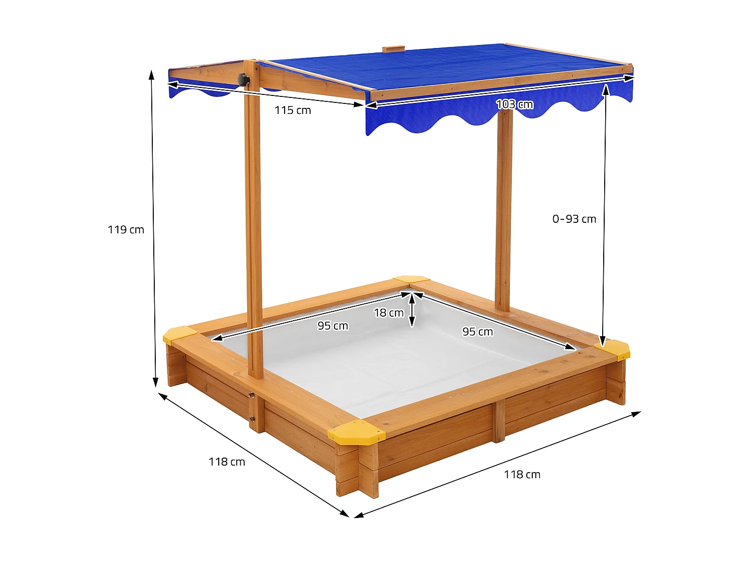 Bac à sable en bois de sapin massif 118x118 cm toit avec protection UV50 aire de jeux extérieur pour enfants avec bâche de sol et protection des bords