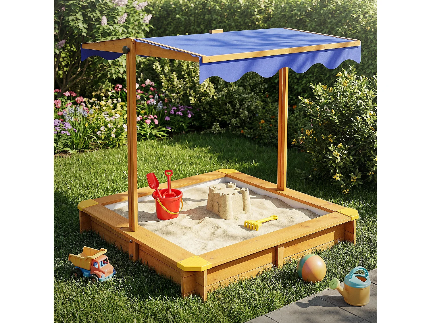 Bac à sable en bois de sapin massif 118x118 cm toit avec protection UV50 aire de jeux extérieur pour enfants avec bâche de sol et protection des bords