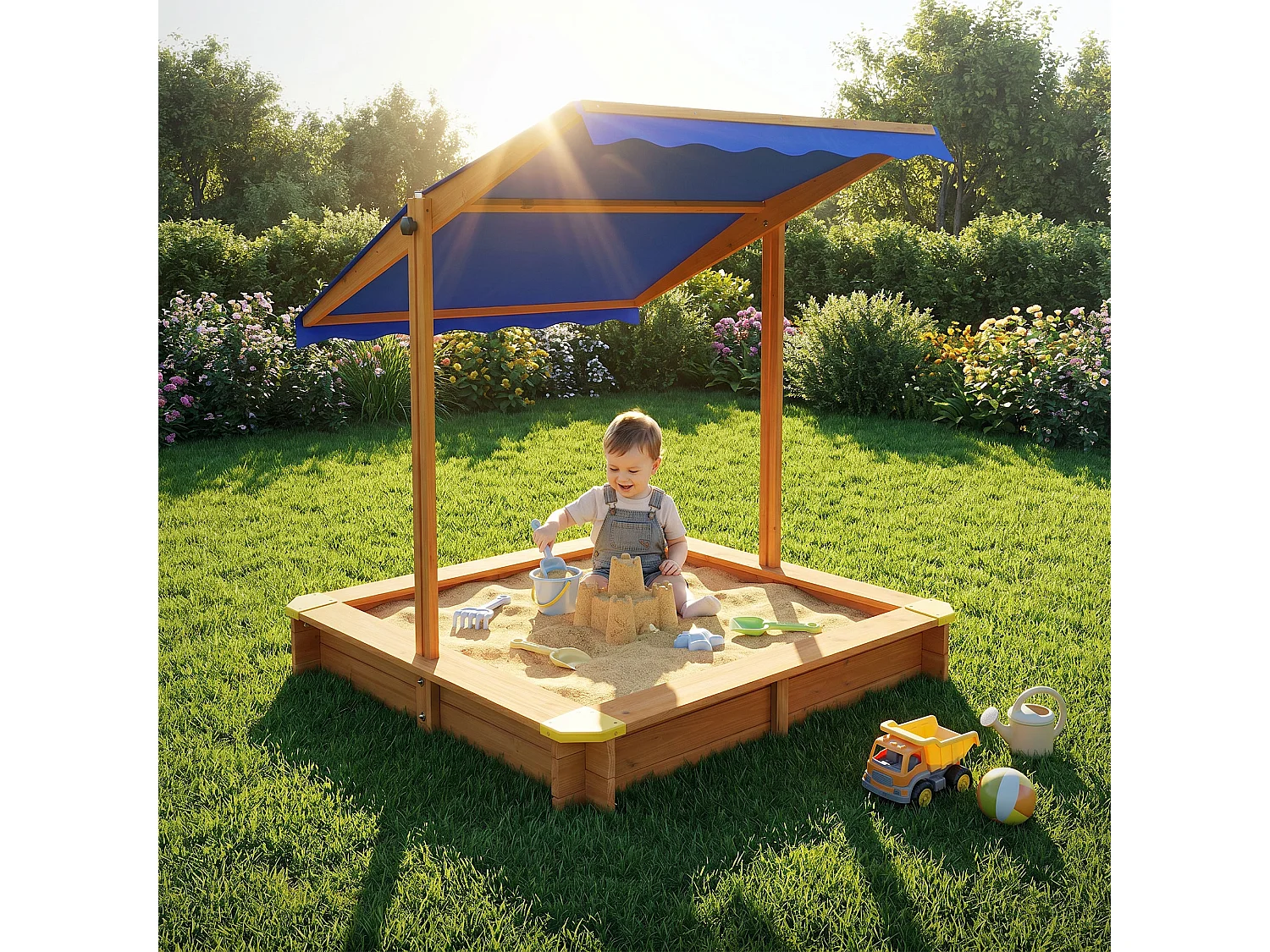 Bac à sable en bois de sapin massif 118x118 cm toit avec protection UV50 aire de jeux extérieur pour enfants avec bâche de sol et protection des bords