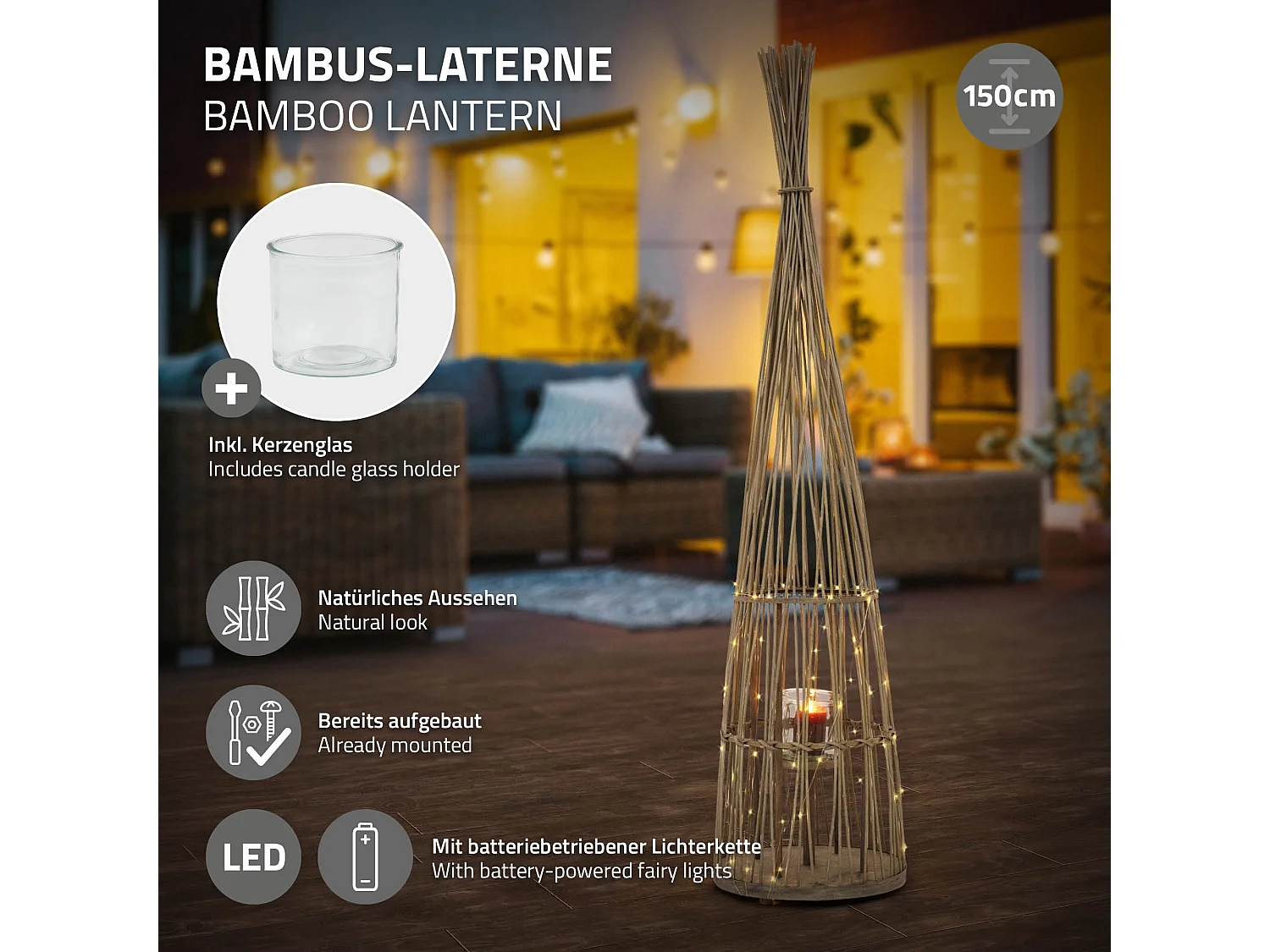 Lanterne en bambou 150cm naturel avec guirlande LED poignée et insert en verre style boho pour jardin salon porte-bougie tressé extérieur ou intérieur