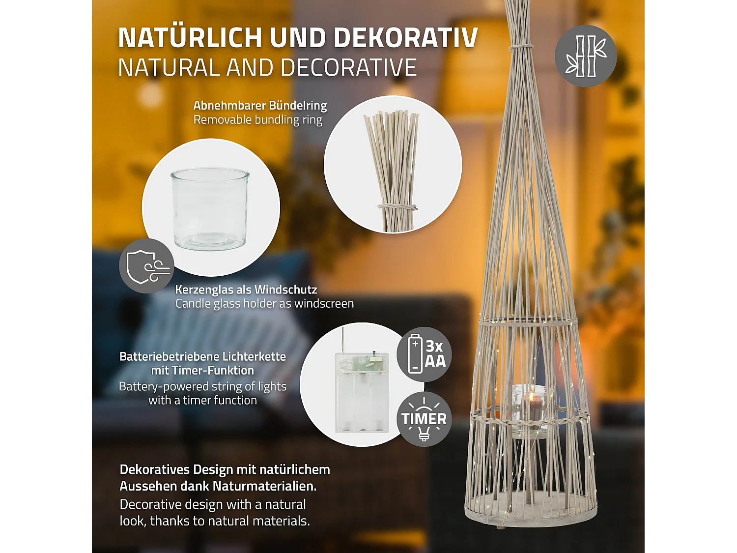 Lanterne en bambou 150cm naturel avec guirlande LED poignée et insert en verre style boho pour jardin salon porte-bougie tressé extérieur ou intérieur