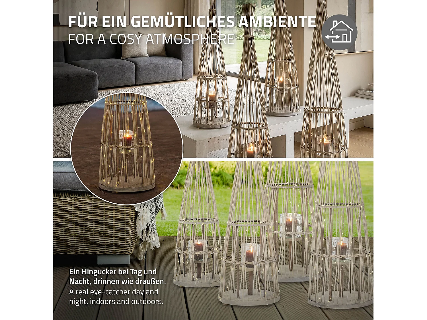 Lanterne en bambou 150cm naturel avec guirlande LED poignée et insert en verre style boho pour jardin salon porte-bougie tressé extérieur ou intérieur