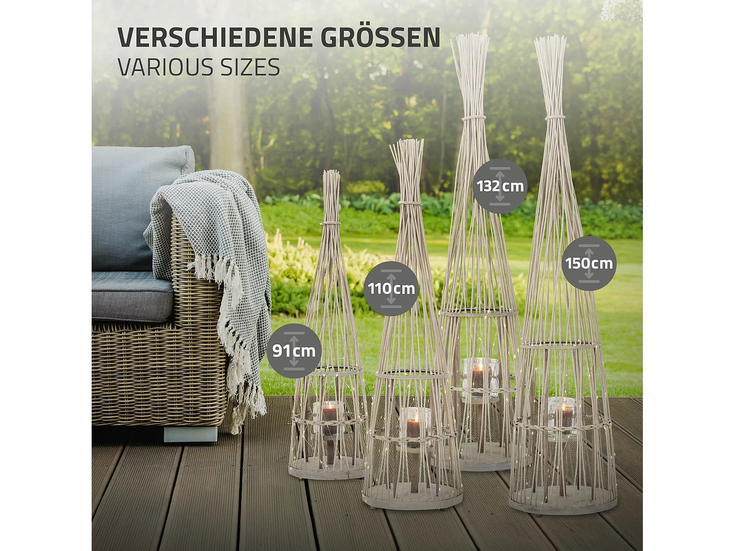 Lanterne en bambou 150cm naturel avec guirlande LED poignée et insert en verre style boho pour jardin salon porte-bougie tressé extérieur ou intérieur