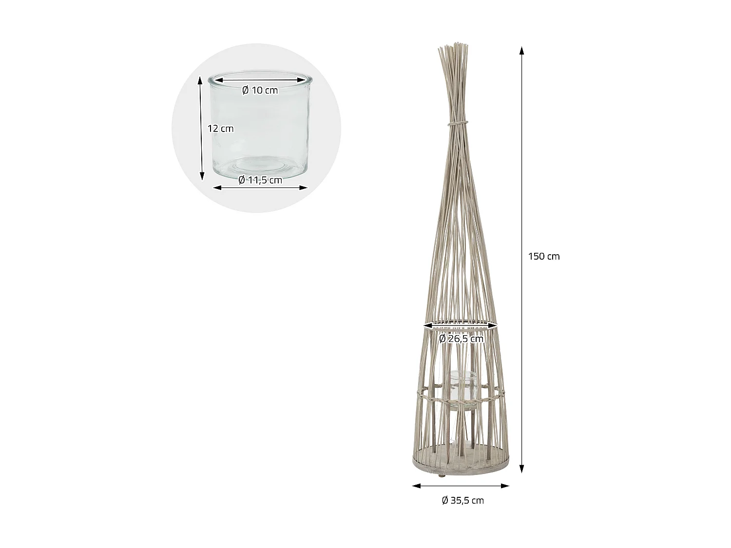 Lanterne en bambou 150cm naturel avec guirlande LED poignée et insert en verre style boho pour jardin salon porte-bougie tressé extérieur ou intérieur