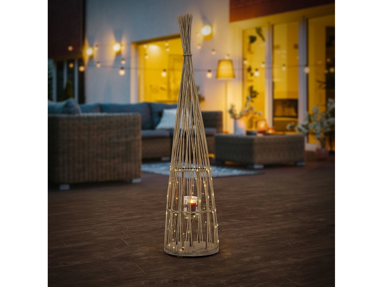 Lanterne en bambou 150cm naturel avec guirlande LED poignée et insert en verre style boho pour jardin salon porte-bougie tressé extérieur ou intérieur