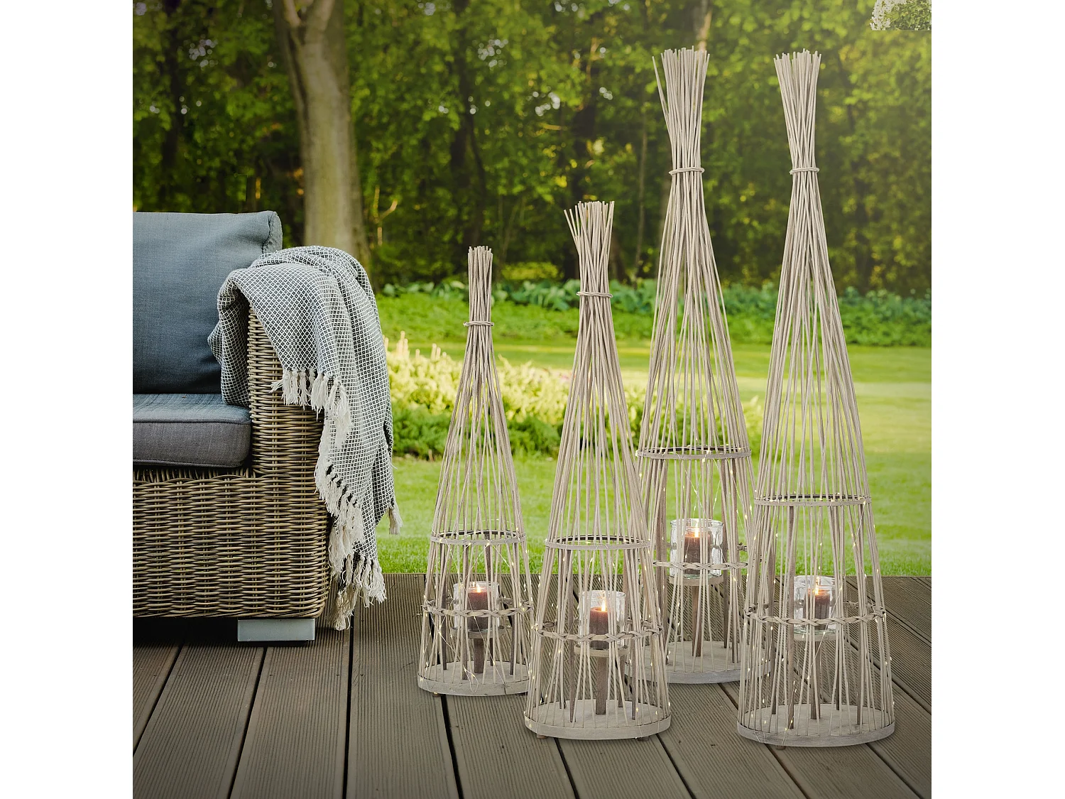 Lanterne en bambou 150cm naturel avec guirlande LED poignée et insert en verre style boho pour jardin salon porte-bougie tressé extérieur ou intérieur
