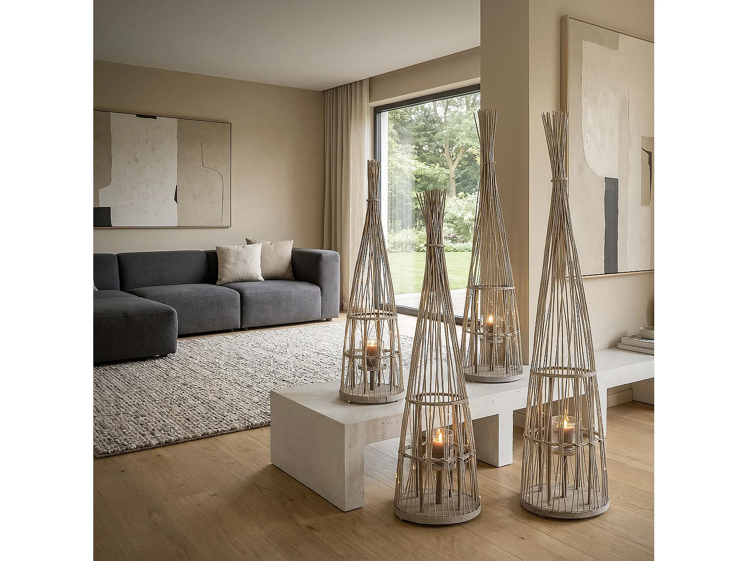Lanterne en bambou 150cm naturel avec guirlande LED poignée et insert en verre style boho pour jardin salon porte-bougie tressé extérieur ou intérieur