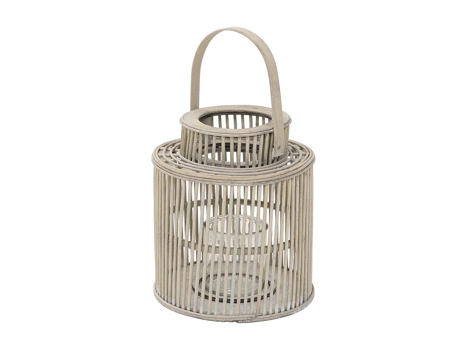 Lanterne en bambou H 40,5 cm naturel avec poignée et insert en verre style bohème pour jardin salon porte-bougie tressé décoratif extérieur intérieur