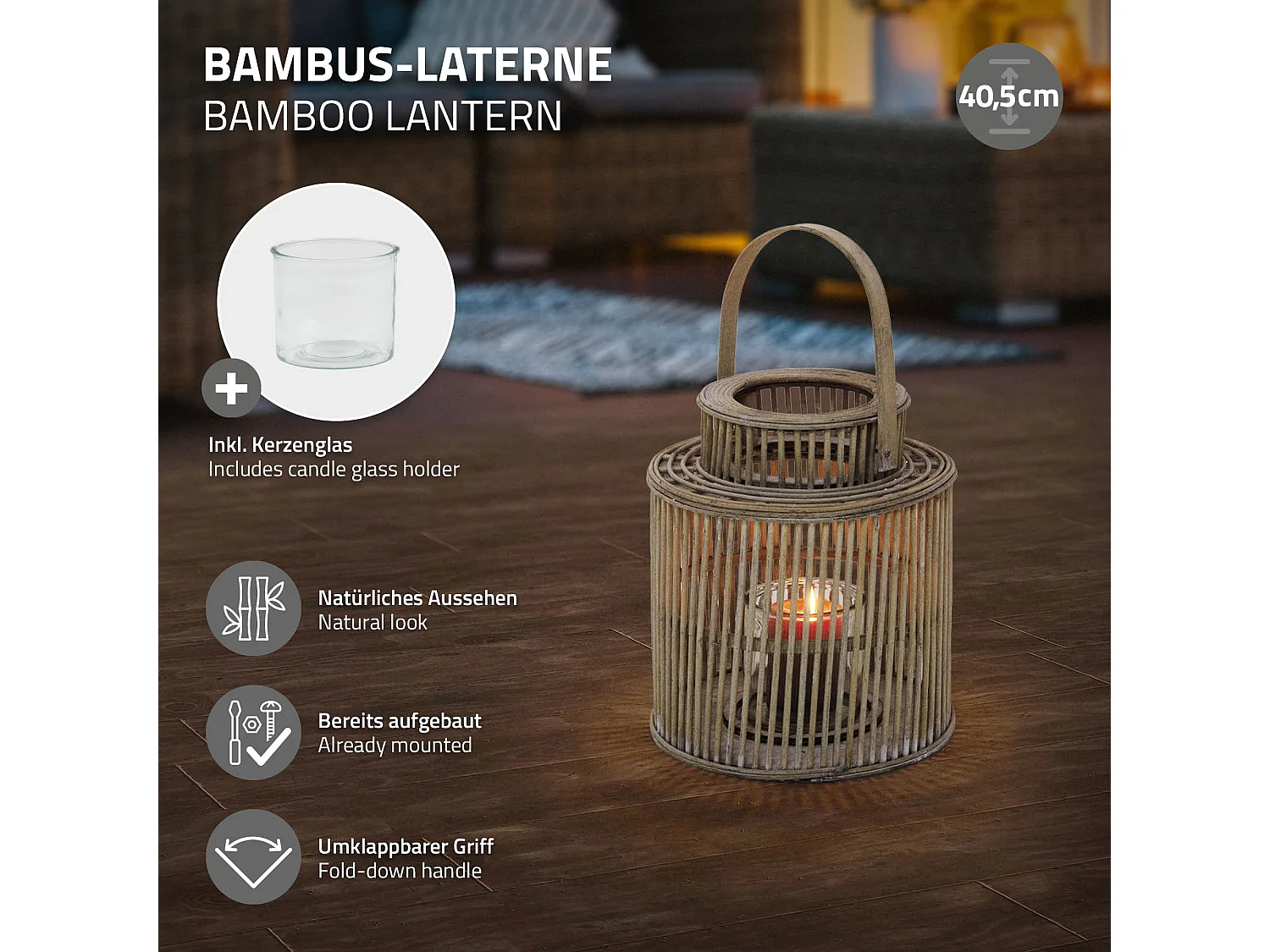 Lanterne en bambou H 40,5 cm naturel avec poignée et insert en verre style bohème pour jardin salon porte-bougie tressé décoratif extérieur intérieur