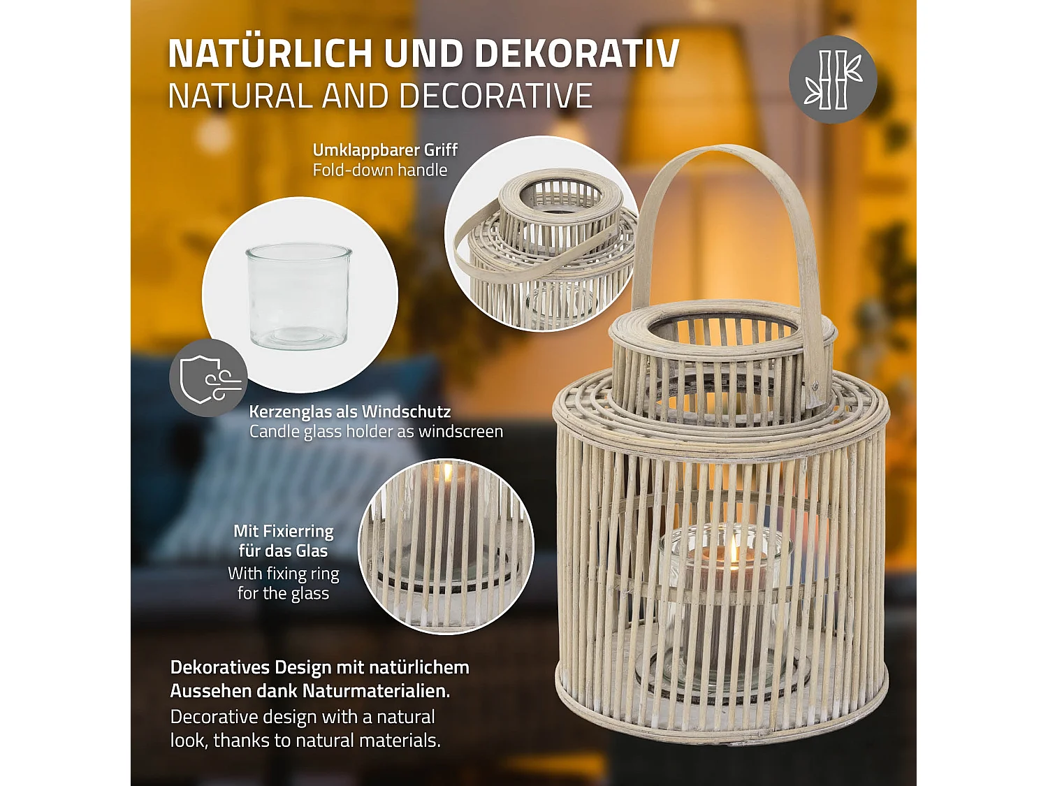 Lanterne en bambou H 40,5 cm naturel avec poignée et insert en verre style bohème pour jardin salon porte-bougie tressé décoratif extérieur intérieur