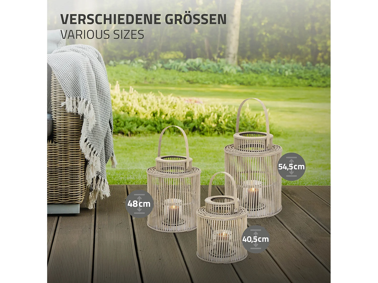 Lanterne en bambou H 40,5 cm naturel avec poignée et insert en verre style bohème pour jardin salon porte-bougie tressé décoratif extérieur intérieur