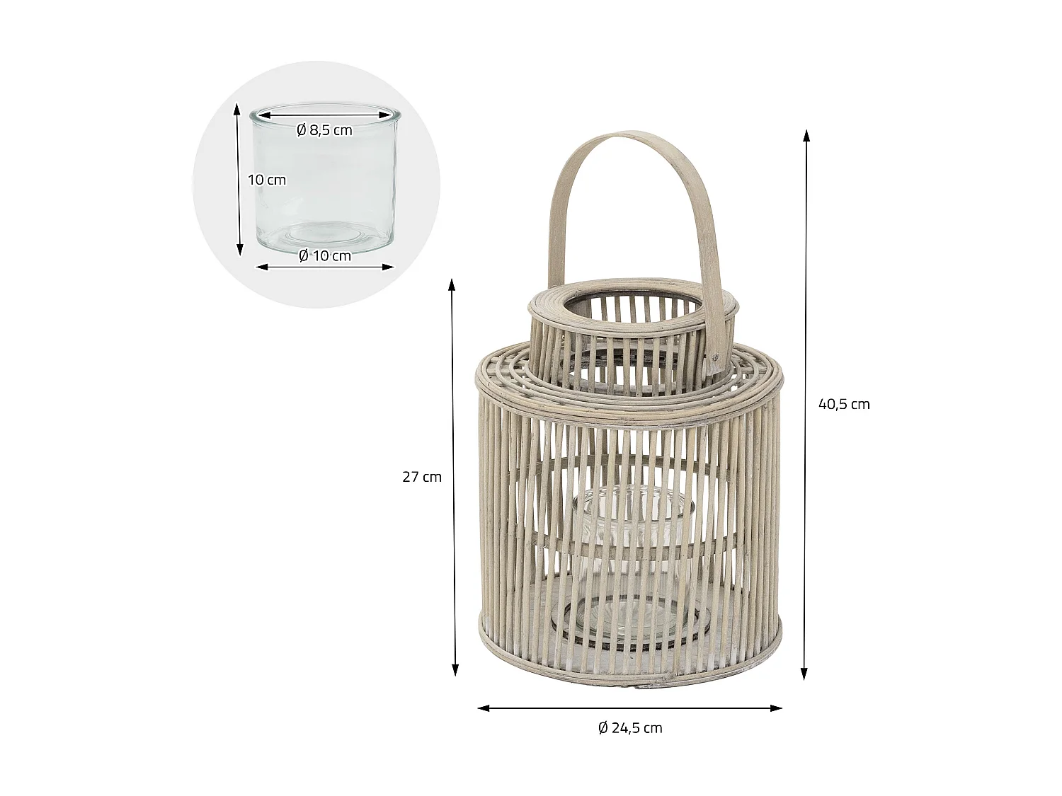 Lanterne en bambou H 40,5 cm naturel avec poignée et insert en verre style bohème pour jardin salon porte-bougie tressé décoratif extérieur intérieur