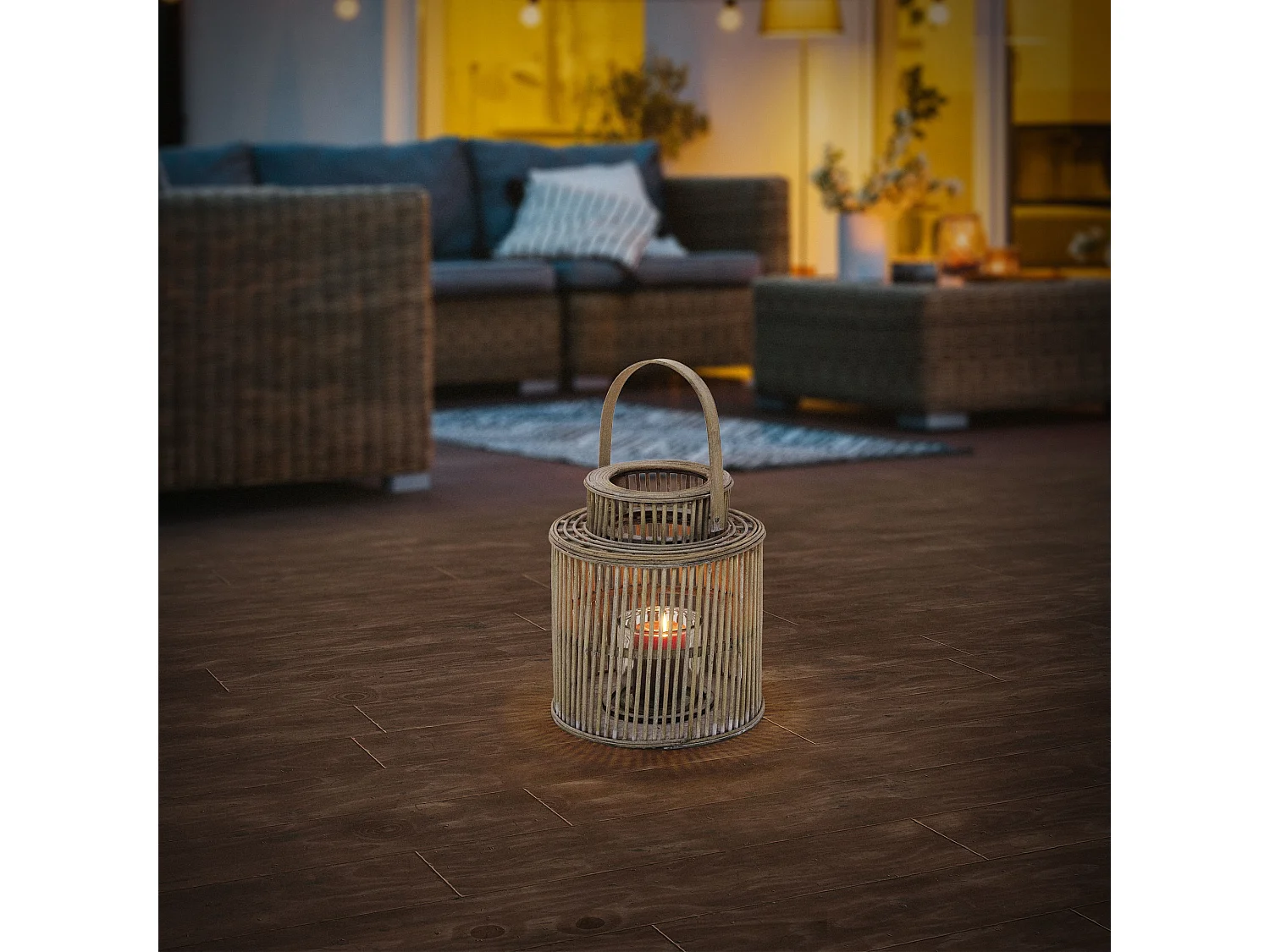 Lanterne en bambou H 40,5 cm naturel avec poignée et insert en verre style bohème pour jardin salon porte-bougie tressé décoratif extérieur intérieur