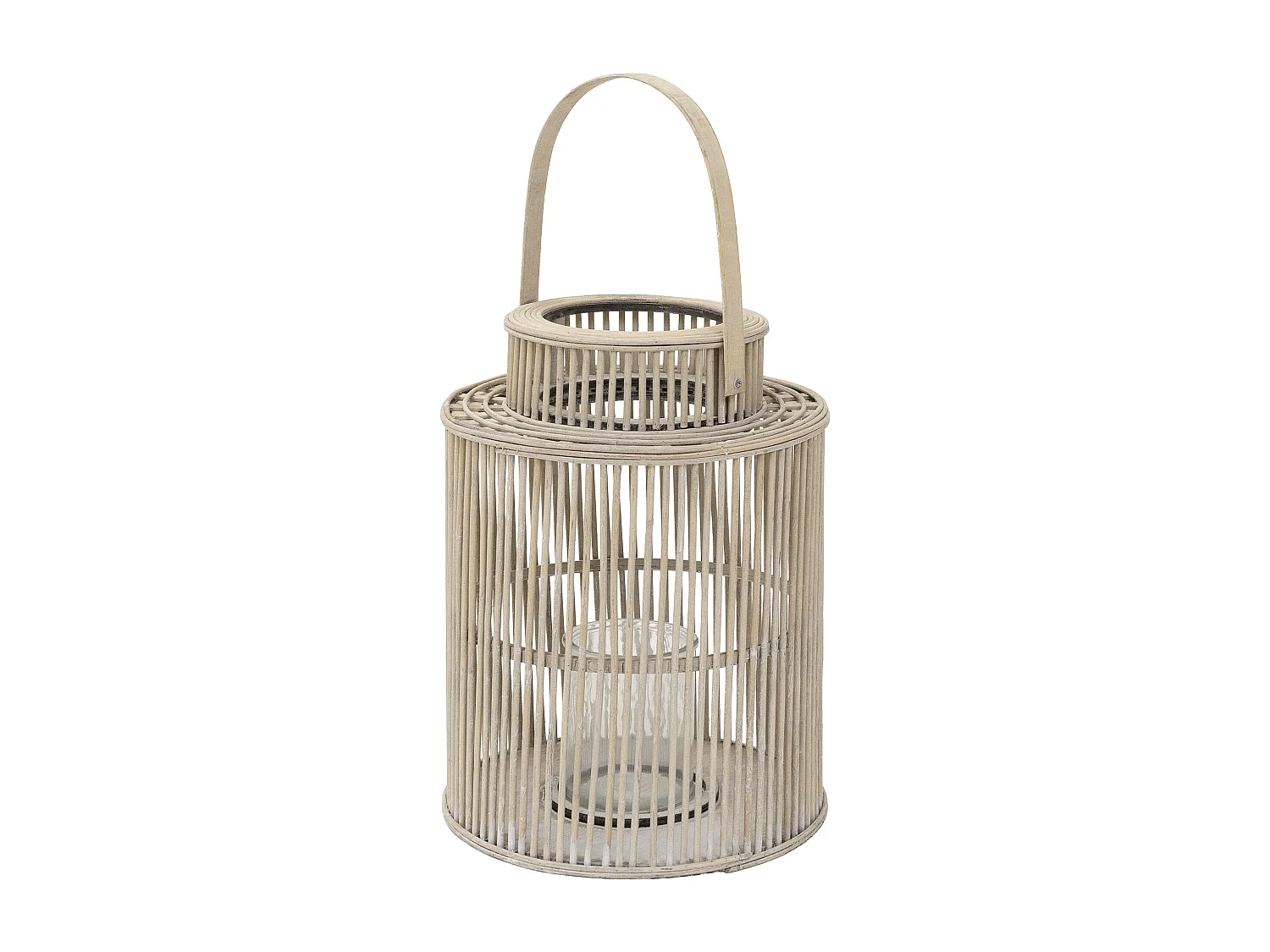 Lanterne en bambou H 54,5 cm naturel avec poignée et insert en verre style bohème pour jardin salon porte-bougie tressé décoratif extérieur intérieur