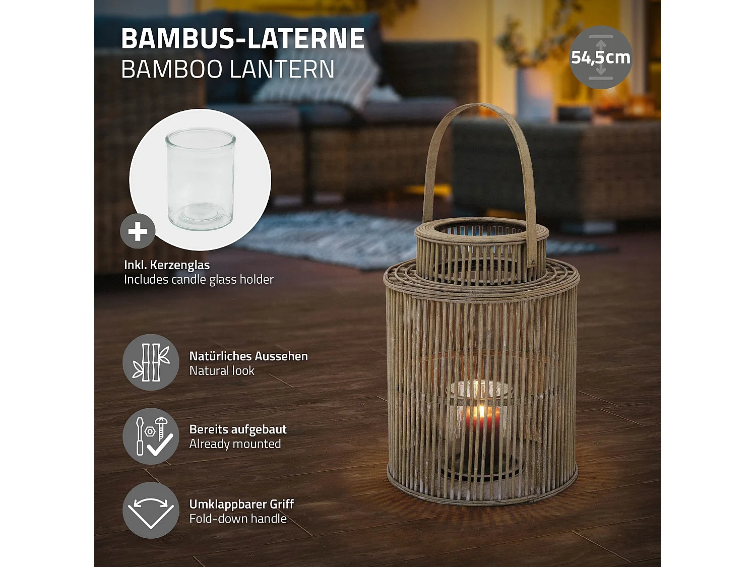 Lanterne en bambou H 54,5 cm naturel avec poignée et insert en verre style bohème pour jardin salon porte-bougie tressé décoratif extérieur intérieur