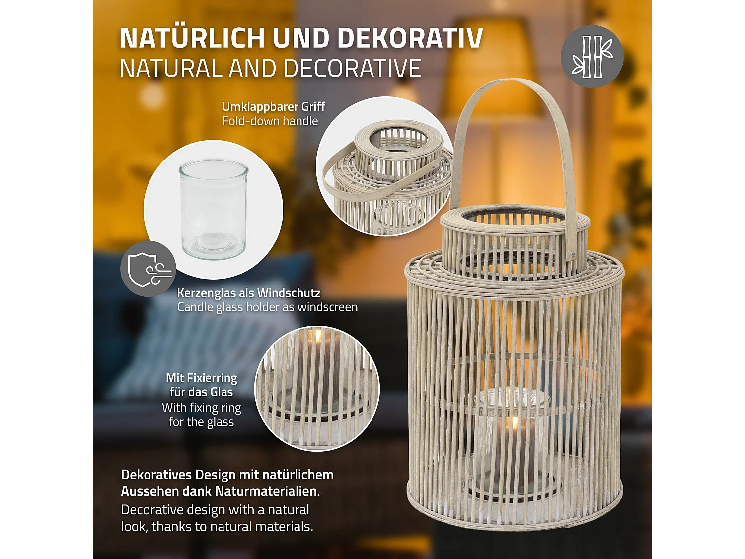 Lanterne en bambou H 54,5 cm naturel avec poignée et insert en verre style bohème pour jardin salon porte-bougie tressé décoratif extérieur intérieur
