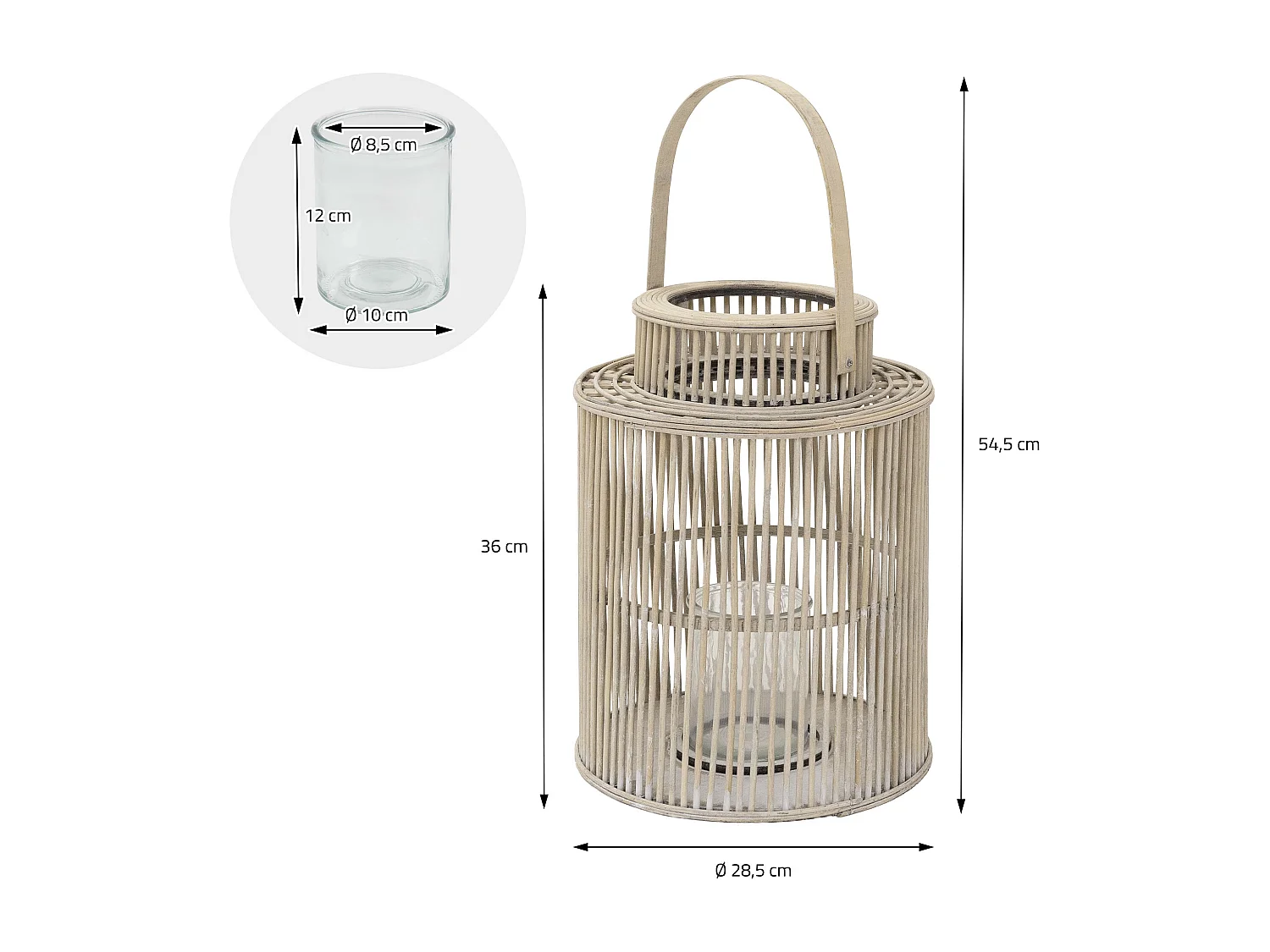 Lanterne en bambou H 54,5 cm naturel avec poignée et insert en verre style bohème pour jardin salon porte-bougie tressé décoratif extérieur intérieur
