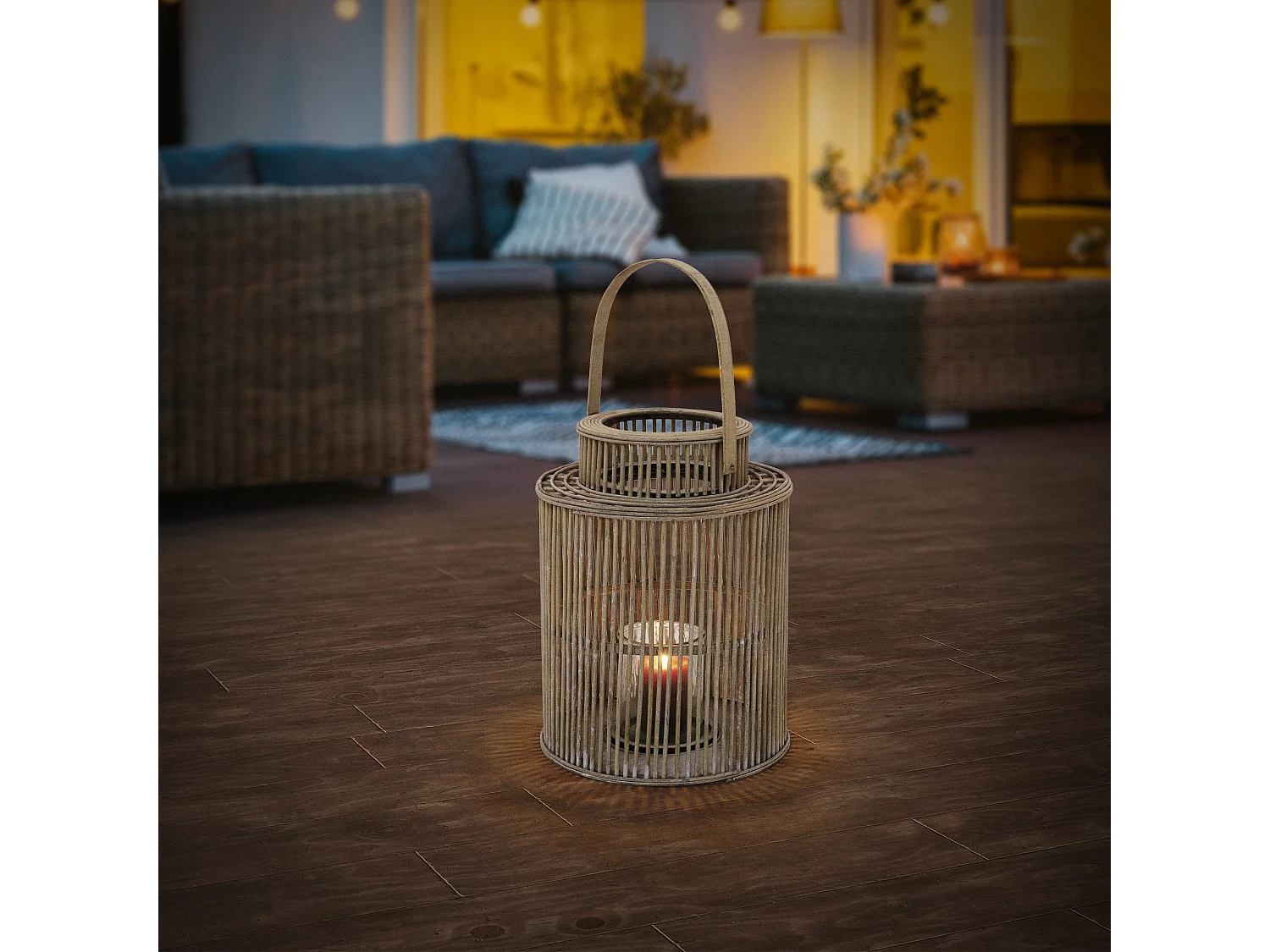 Lanterne en bambou H 54,5 cm naturel avec poignée et insert en verre style bohème pour jardin salon porte-bougie tressé décoratif extérieur intérieur