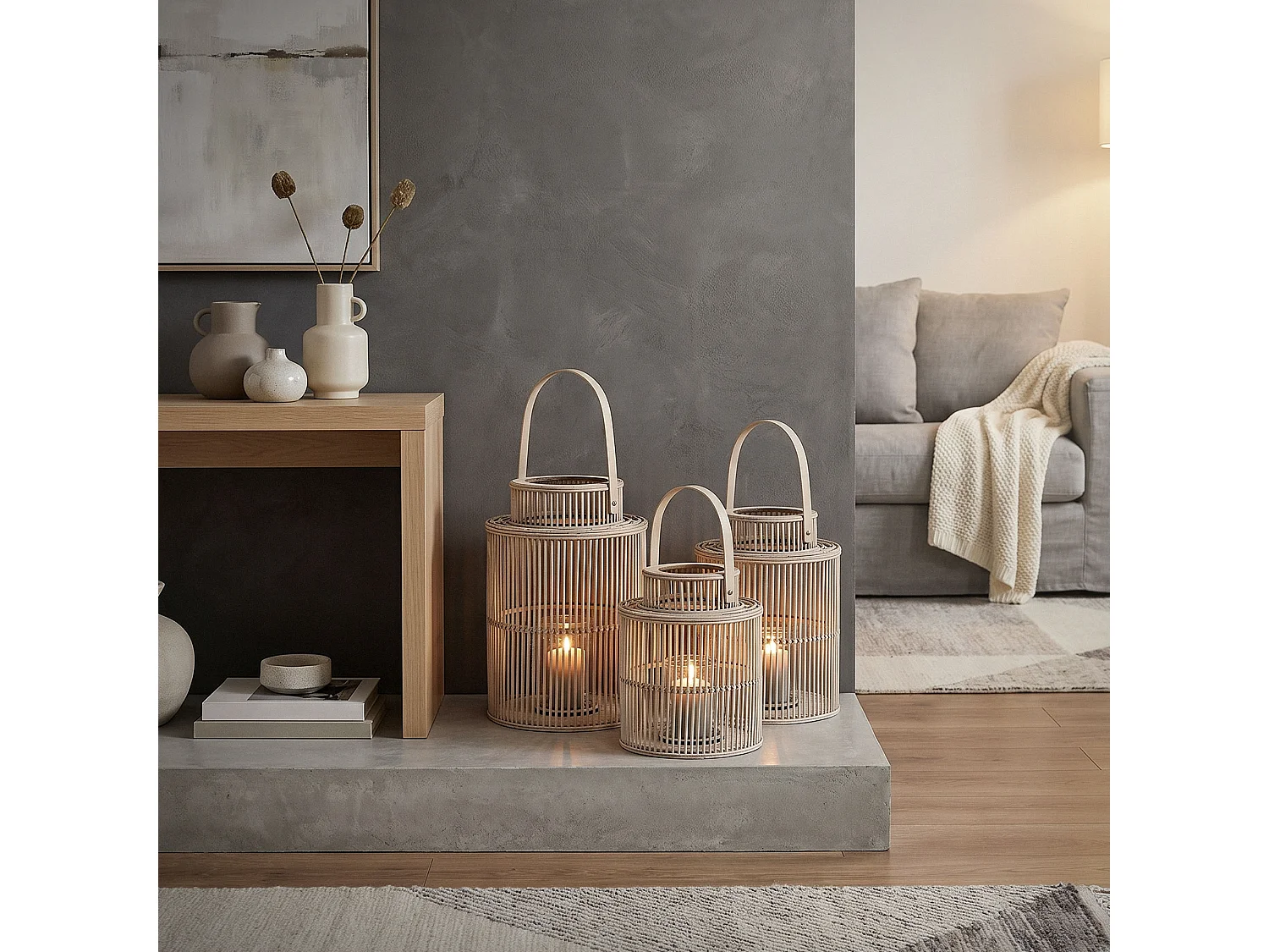 Lanterne en bambou H 54,5 cm naturel avec poignée et insert en verre style bohème pour jardin salon porte-bougie tressé décoratif extérieur intérieur