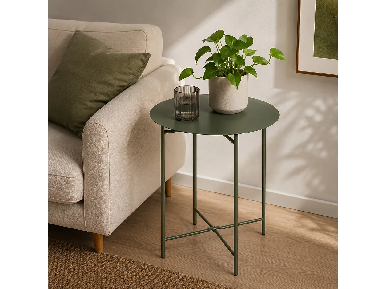 Table d'Appoint Ronde en Métal, Bout de Canapé Robuste pour Intérieur et Extérieur, coloris vert olive - Longueur 40 x Profondeur 40 x Hauteur 45 cm   Juanio