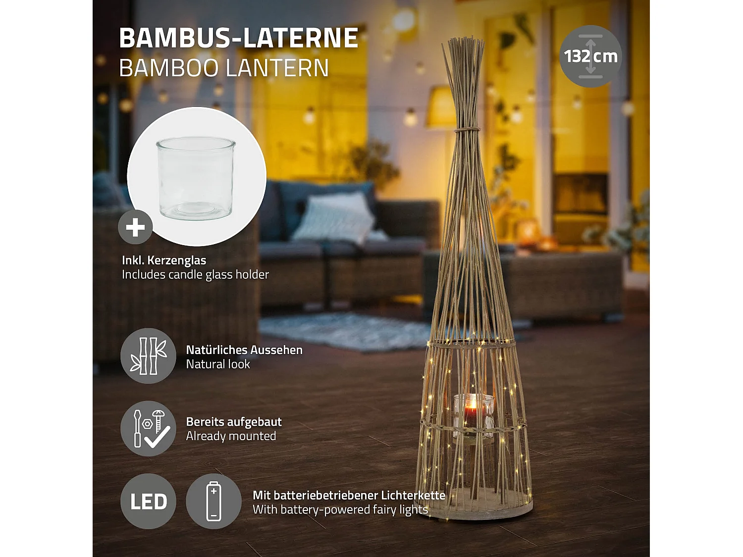 Lanterne en bambou 132cm naturel avec guirlande LED poignée et insert en verre style boho pour jardin salon porte-bougie tressé extérieur ou intérieur