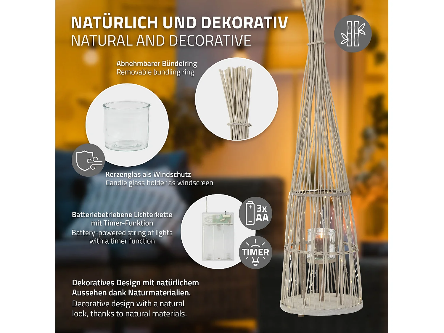 Lanterne en bambou 132cm naturel avec guirlande LED poignée et insert en verre style boho pour jardin salon porte-bougie tressé extérieur ou intérieur
