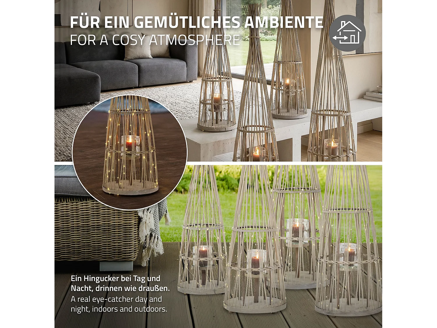Lanterne en bambou 132cm naturel avec guirlande LED poignée et insert en verre style boho pour jardin salon porte-bougie tressé extérieur ou intérieur