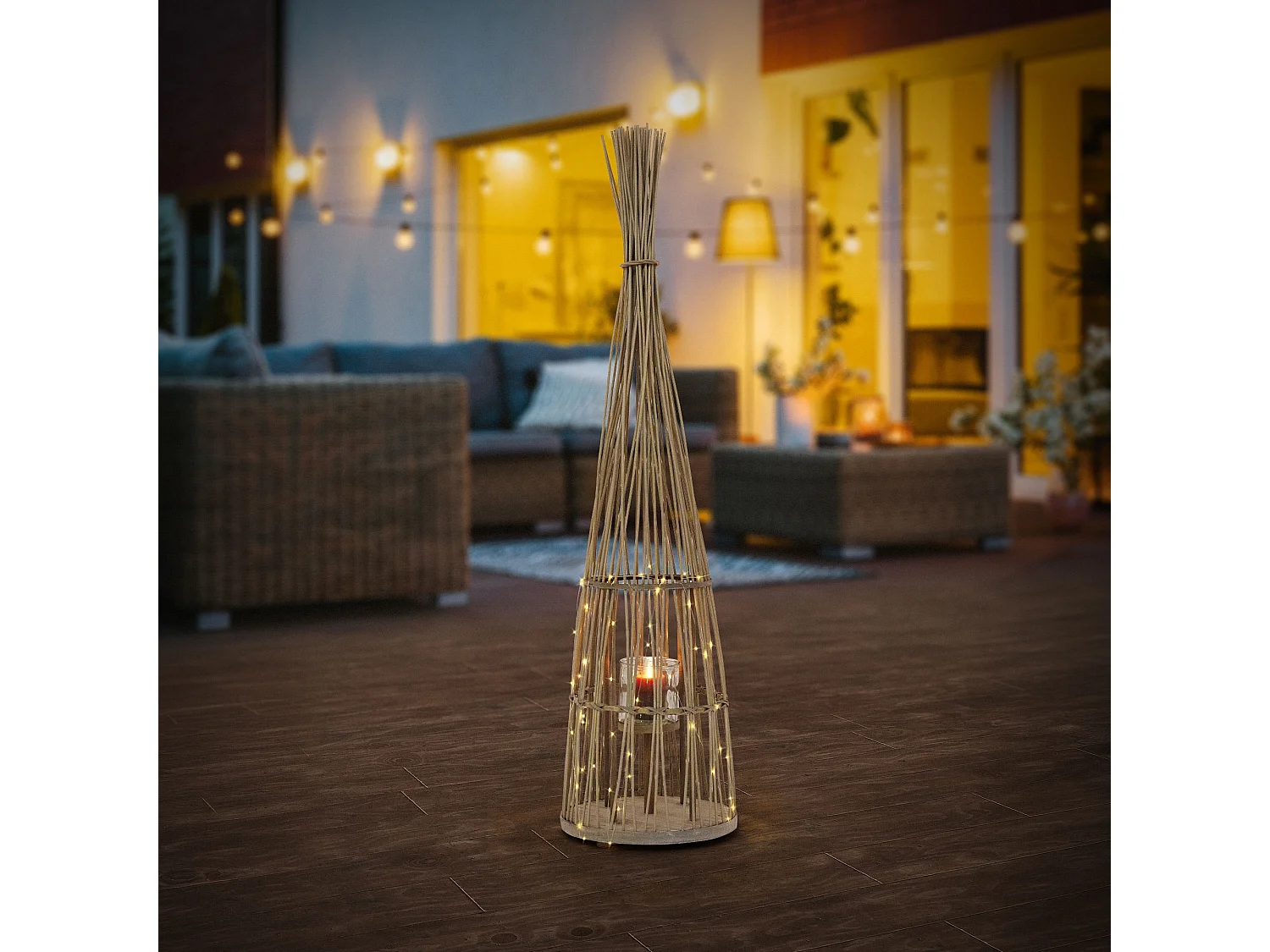 Lanterne en bambou 132cm naturel avec guirlande LED poignée et insert en verre style boho pour jardin salon porte-bougie tressé extérieur ou intérieur