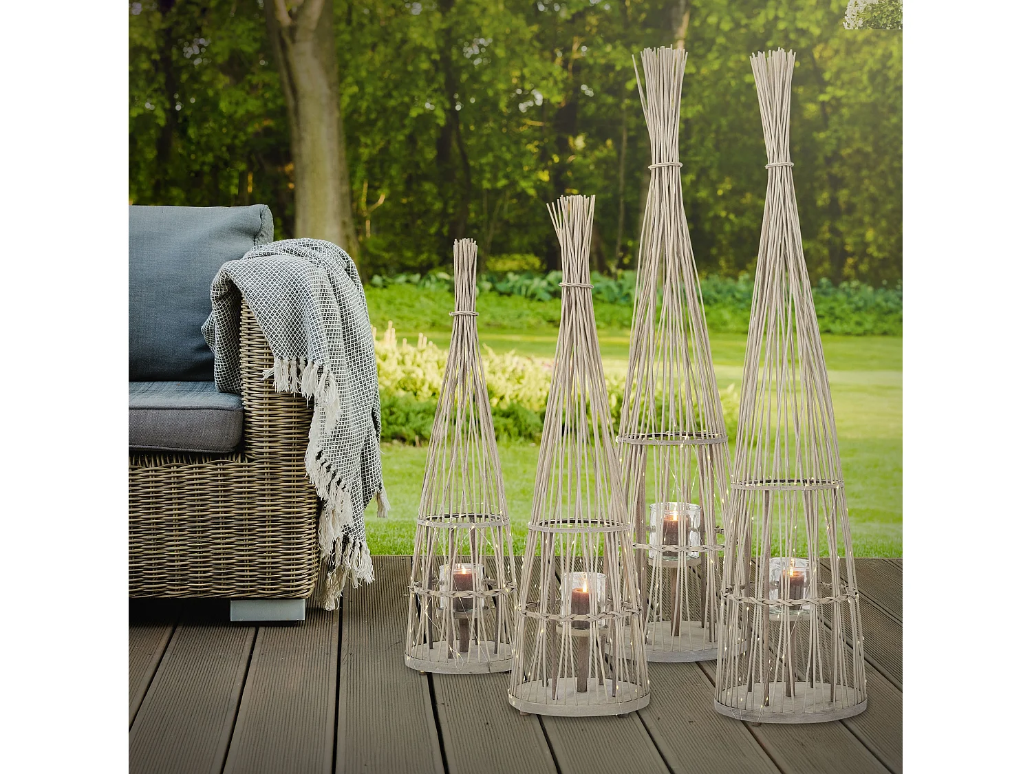 Lanterne en bambou 132cm naturel avec guirlande LED poignée et insert en verre style boho pour jardin salon porte-bougie tressé extérieur ou intérieur
