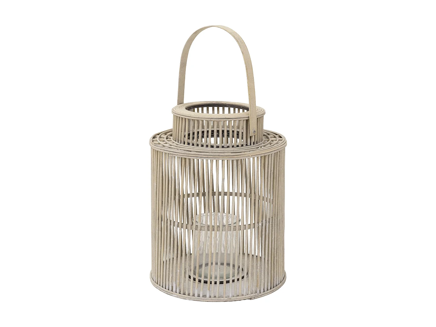 Lanterne en bambou H 48 cm naturel avec poignée et insert en verre style bohème pour jardin salon porte-bougie tressé décoratif extérieur intérieur