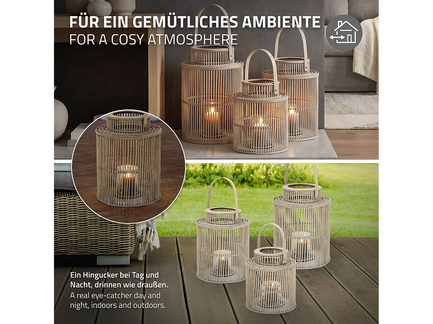 Lanterne en bambou H 48 cm naturel avec poignée et insert en verre style bohème pour jardin salon porte-bougie tressé décoratif extérieur intérieur