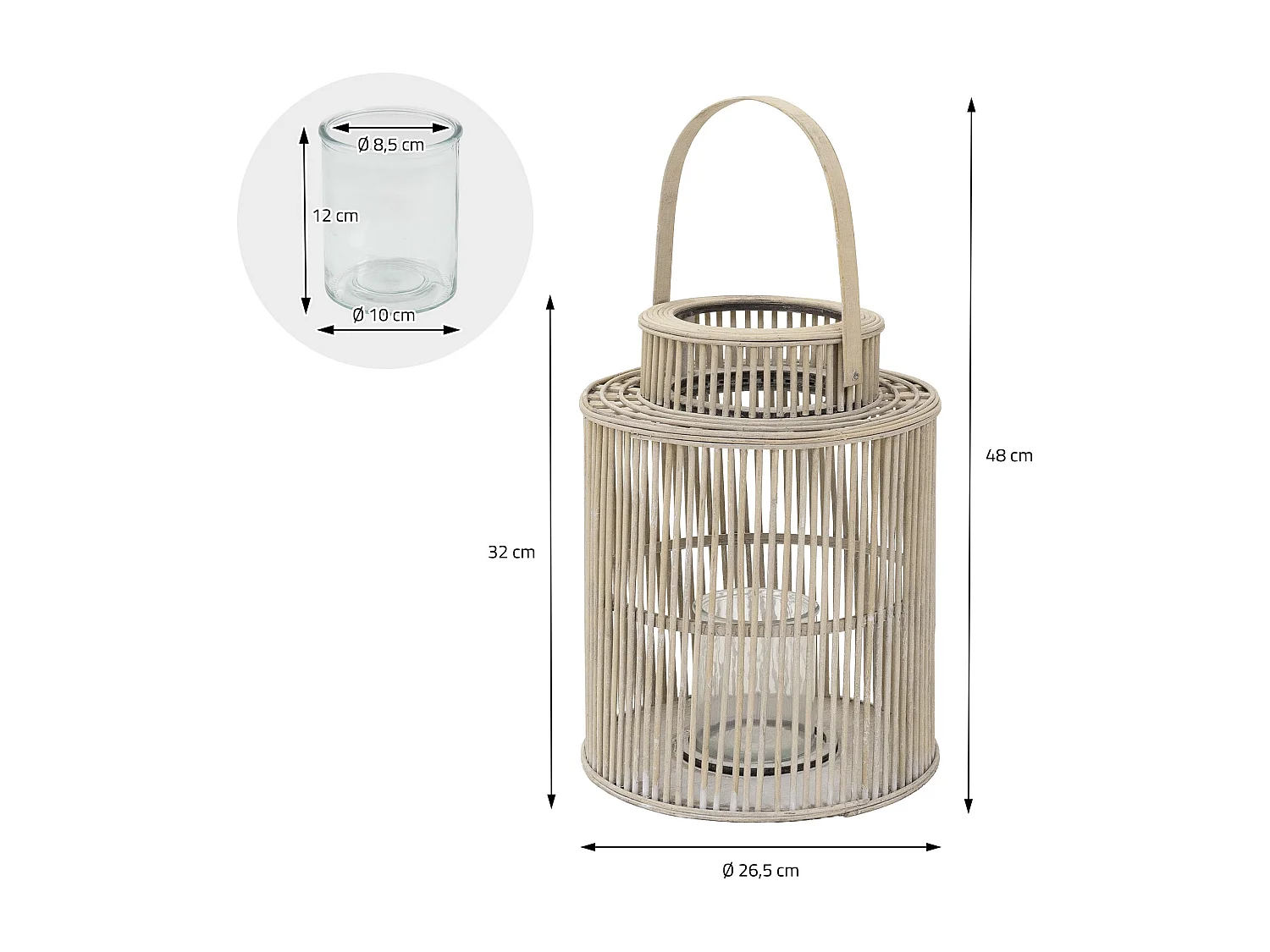 Lanterne en bambou H 48 cm naturel avec poignée et insert en verre style bohème pour jardin salon porte-bougie tressé décoratif extérieur intérieur