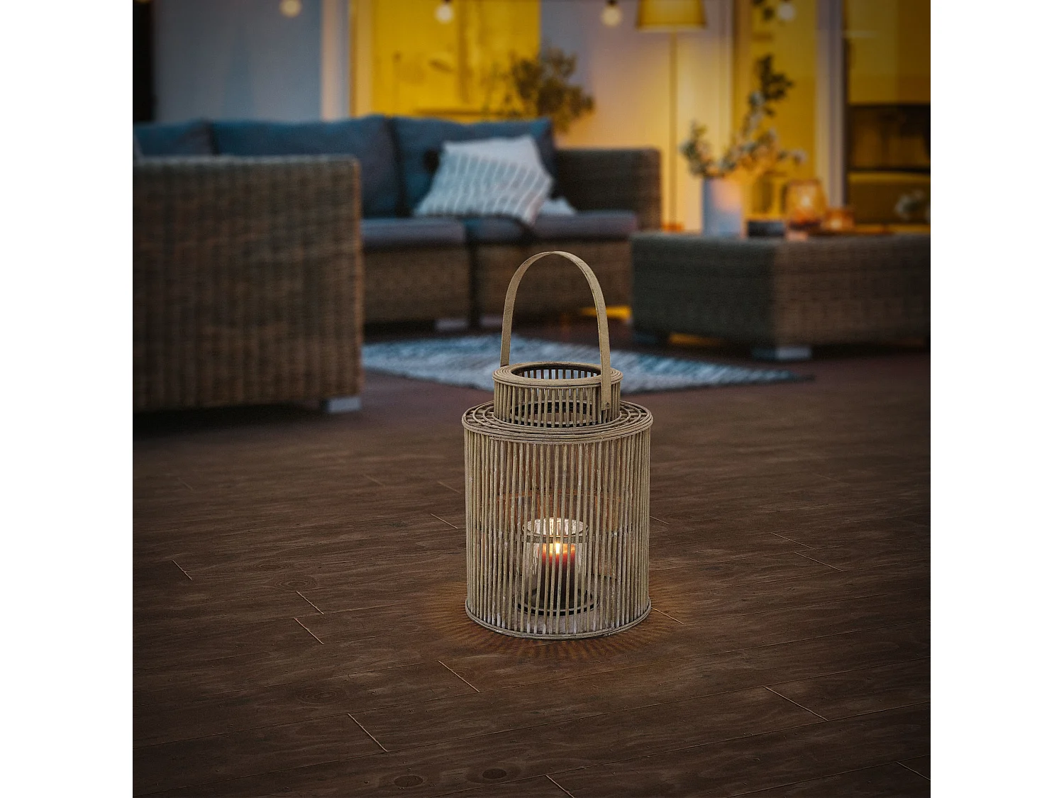 Lanterne en bambou H 48 cm naturel avec poignée et insert en verre style bohème pour jardin salon porte-bougie tressé décoratif extérieur intérieur