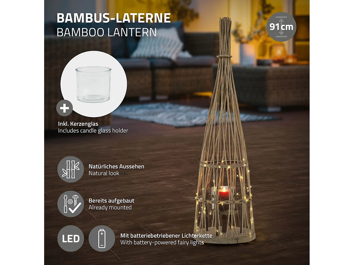 Lanterne en bambou 91cm naturel avec guirlande LED poignée et insert en verre style boho pour jardin salon porte-bougie tressé extérieur ou intérieur