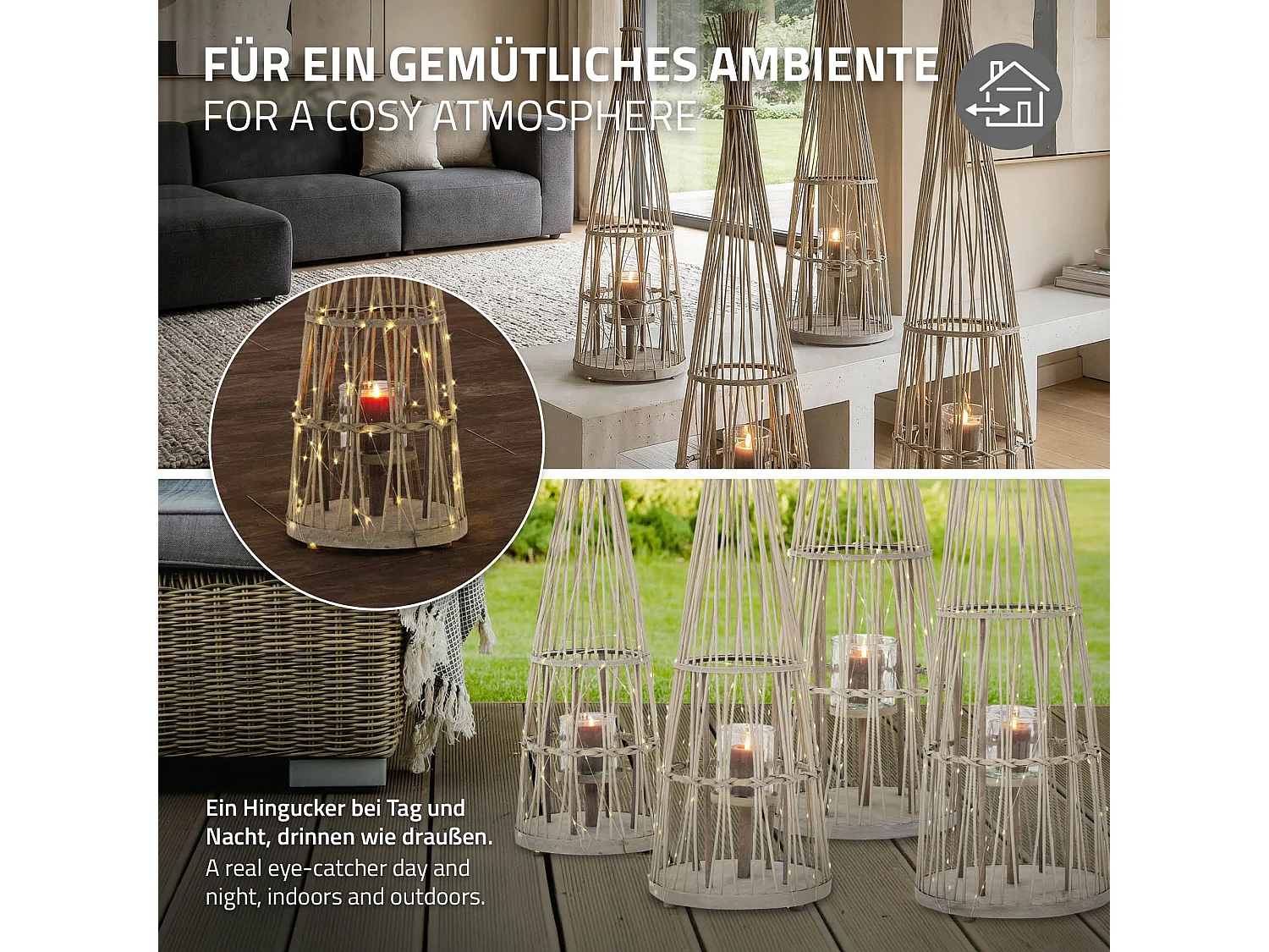 Lanterne en bambou 91cm naturel avec guirlande LED poignée et insert en verre style boho pour jardin salon porte-bougie tressé extérieur ou intérieur