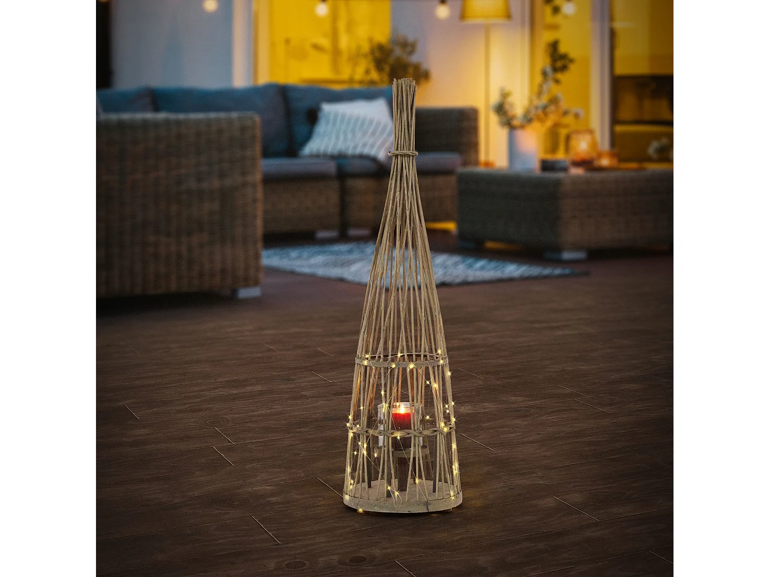 Lanterne en bambou 91cm naturel avec guirlande LED poignée et insert en verre style boho pour jardin salon porte-bougie tressé extérieur ou intérieur